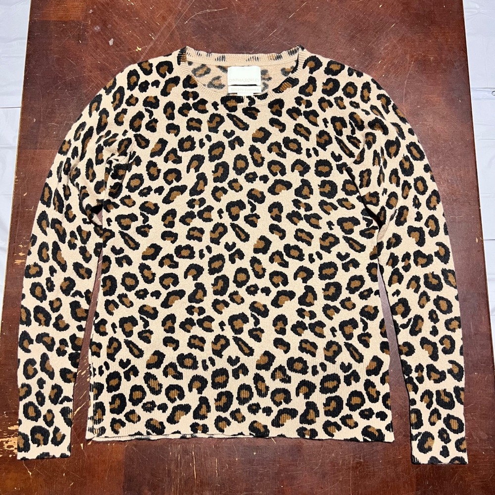 Cynthia Rowley Womens Leopard Print 100% 2-Ply Cashmere Crewneck Sweater Small